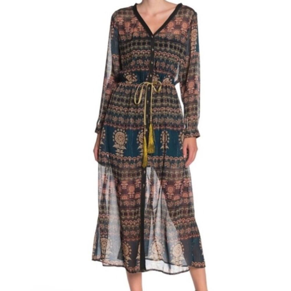 Aratta Silent Journey Me & You Printed Boho Sheer Maxi Duster Kimono M
